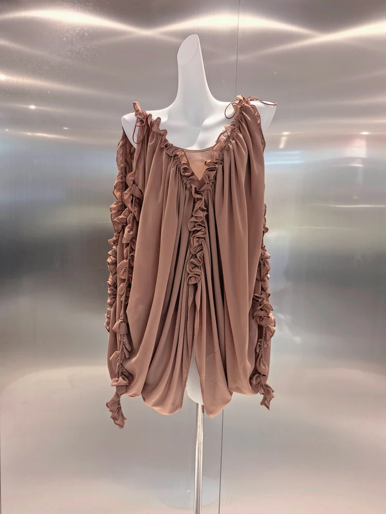 

Австралийский тяжелый плиссированный свободный топ с v-образным вырезом и открытыми плечами, женский шифоновый топ High Faion Sensation