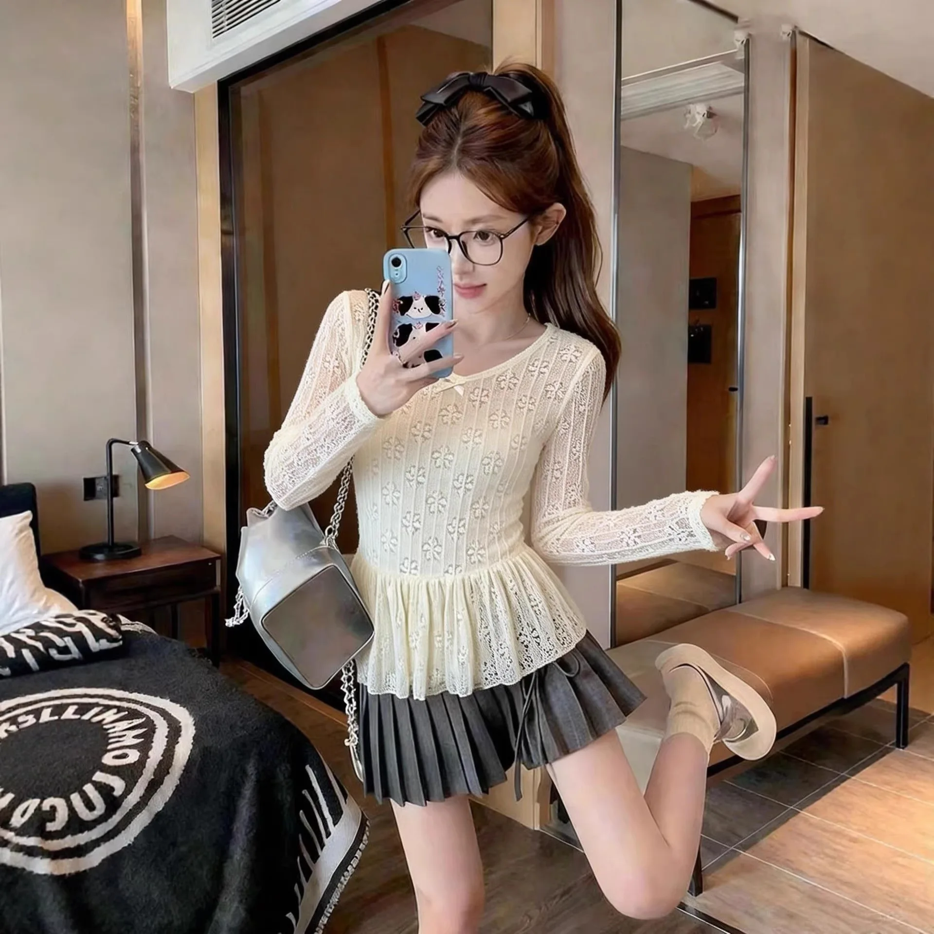 Pure Desire Sweet Spicy Girl Long Sleeve Lace Hollow out T-Shirt Women's Style Princess Cute Wind Bell Bottoms Slim Fit Top