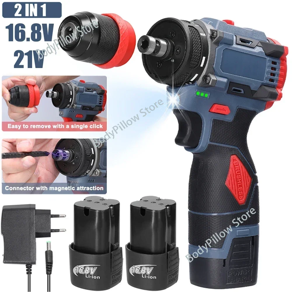 

16.8V/21V Brushless 2 in 1 Electric Screwdriver Impact Drill 45/55Nm Rechargeable Multifunctional Cordless Screw Driver Drill