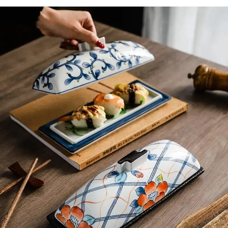 9.5 Inch with Cover Rectangular Plate Japanese Sushi Vintage Blue and White Porcelain Specialty Restaurant Tableware