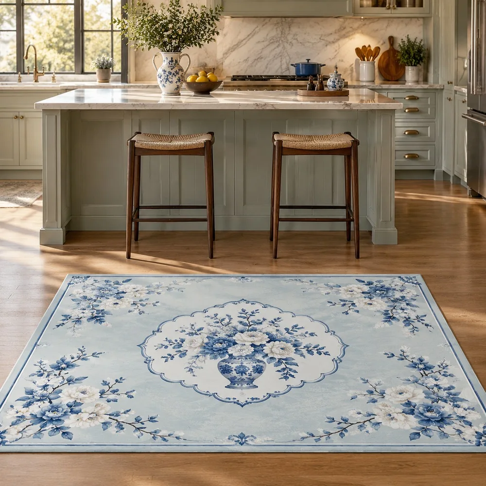 VIKAMA Floor Mat Pale Cobalt Chinoiserie Floral Basket Foldable Reading Nook Walk In Closet Bathroom Hallway Room Decor