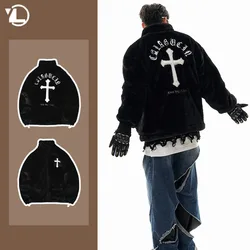 Mens Rabbit Fur Jacket Hip Hop Cross Print Fashion Winter Fleece Warm Parkas Letters Zip Up Fluffy Loose Thicken Coat Streetwear