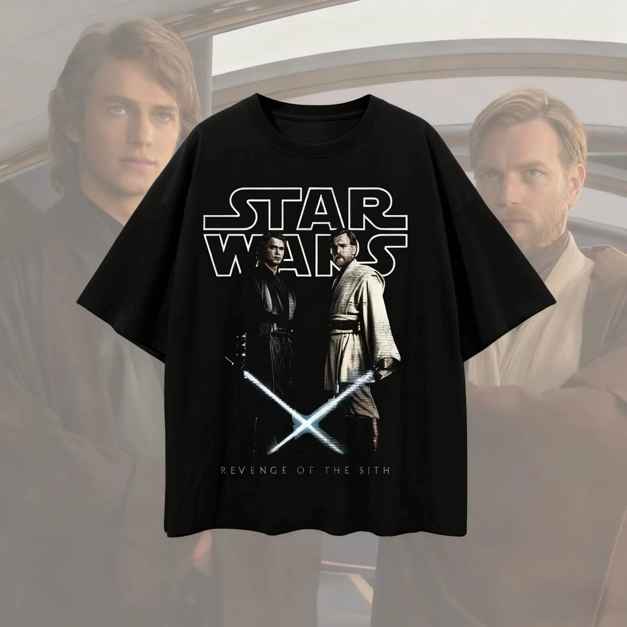 تي شيرت Miniso كبير الحجم Anakin Skywalker Obi Wan Kenobi تي شيرت الانتقام من Sith قميص Anakin Obi Wan تي شيرت رجالي ونسائي ملابس الشارع
