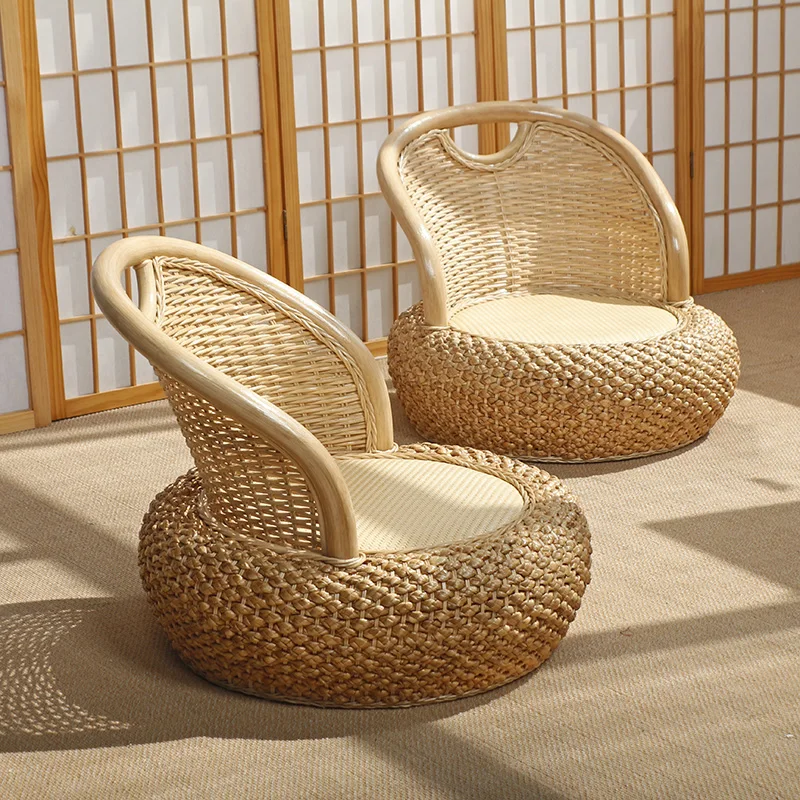 Rattan Backrest Chair Compact Low Tatami Seat for Balcony Japanese Style Lounge Chair Stylish Coffee
