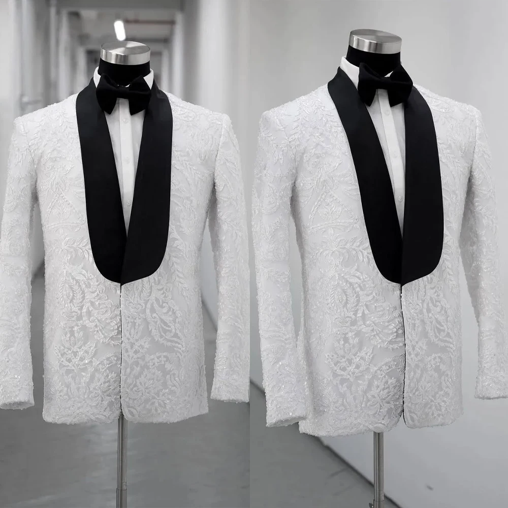 

Luxury Appliques Men Wedding Coat Shawl Lapel Single Breasted Overcoat Party Business Customized Coats Only Blazer