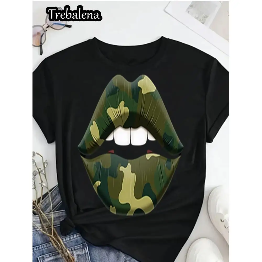 

Plus Size Round Neck T-shirt 100%Cotton Camo Lip Print Graphic Tee for Plus Size Women Stylish Trendy Shirt Casual Black T-Shirt