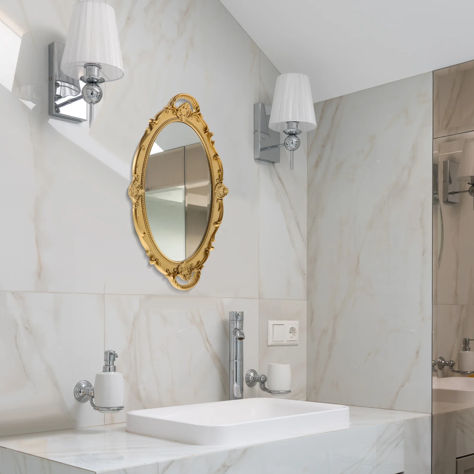 مرآة مكياج عتيقة على الطراز الأوروبي لطاولة تزيين الحائط بتصميم عتيق، مرآة منزلية مزخرفة، تصميم مدمج، مكتب حمام