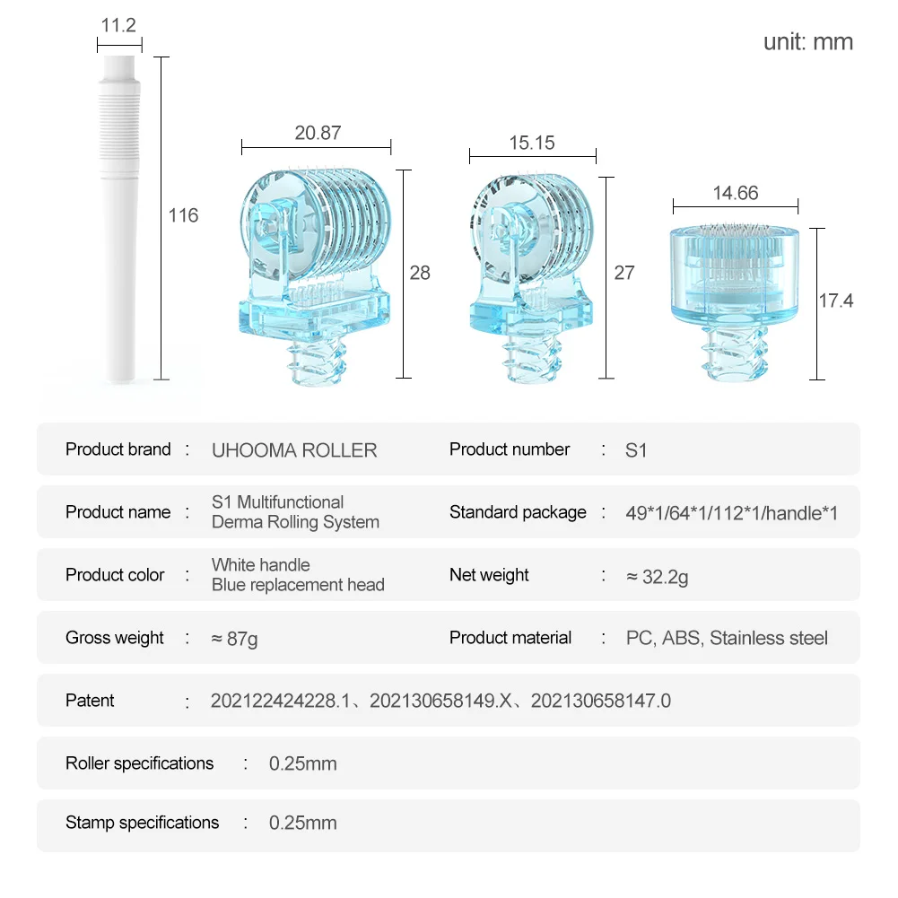 3in 1 S1 Derma Roller Stamp 49pin 64pin 112pin Roller Head Dermaroller VC Water Hydration Skin Anti Spot Acne Shrink Repair