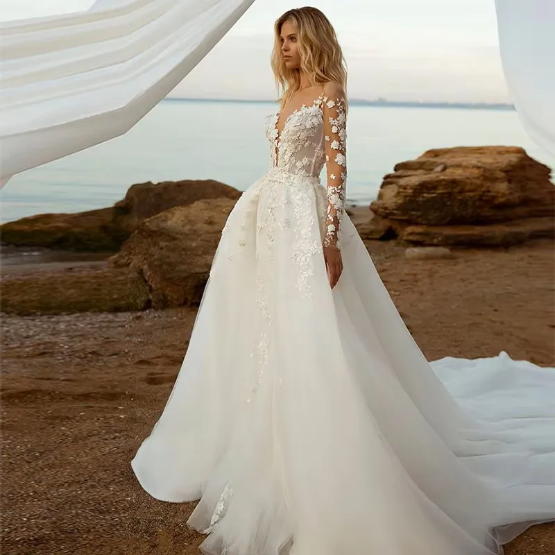 انفصال 2 in1 الدانتيل الأبيض فساتين الزفاف أنيقة المرأة مثير الخامس الرقبة عارية الذراعين حورية البحر الدانتيل يزين تول زي العرائس Vestido