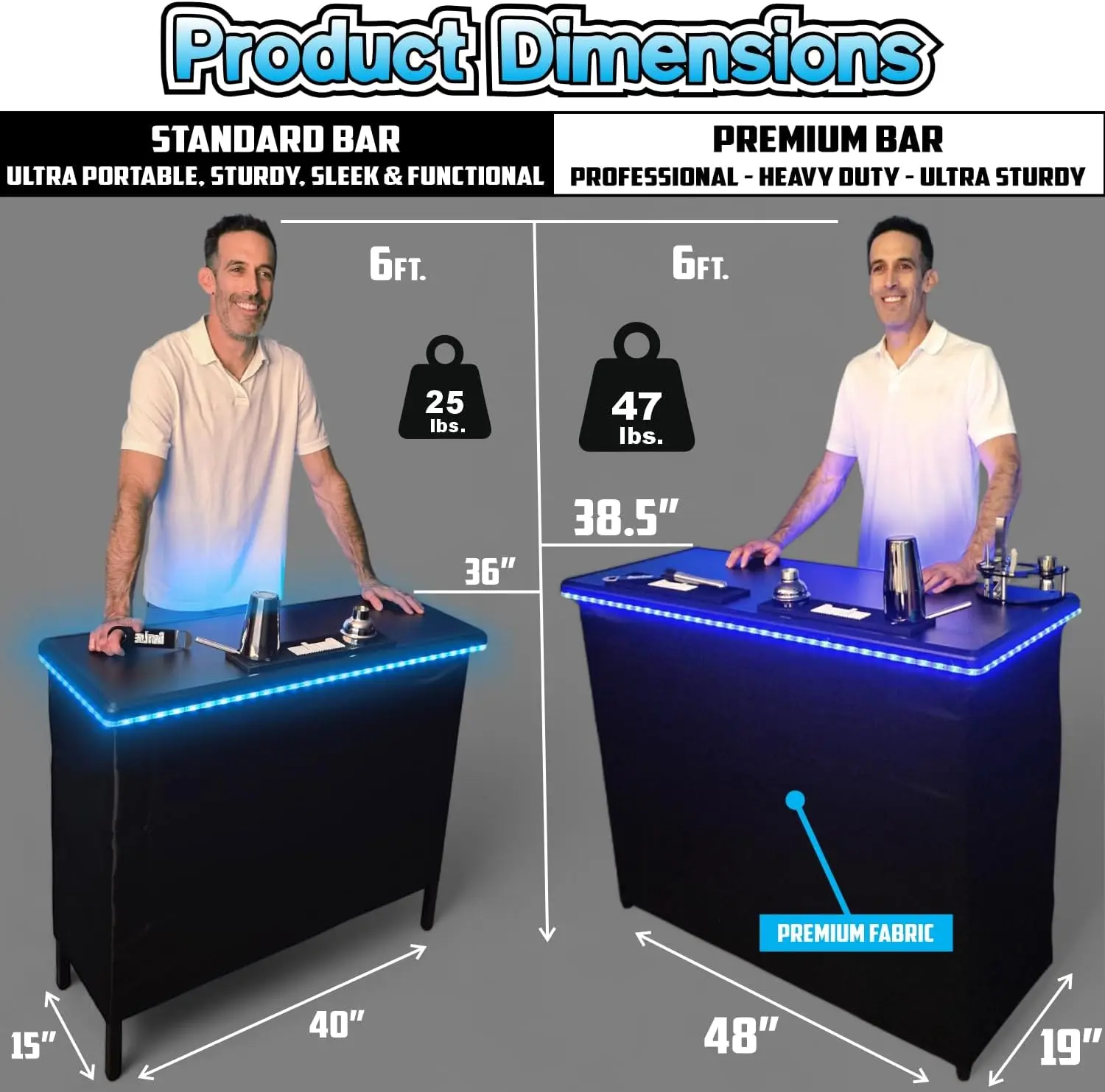 New Improved Portable Bar Table LED Lights Folding Steel Legs Two Bar Skirts Supportive Storage Shelf Carrying Case Black