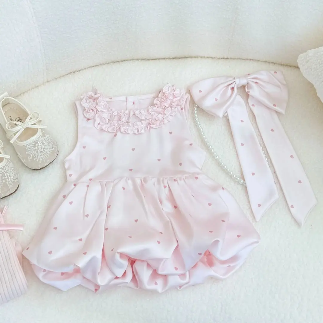 Baby Girls Pink Cute Dress 2026 New Summer Heart Shaped Printed Bud Dresses Korean Style Casual Daily School Wear Bow Dress