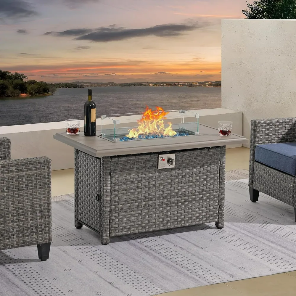 Outdoor Fire Pit Table 43 Inch Wicker Propane Fire Pit with Aluminum Tabletop with Glass Wind Guard, Fire Glass, Lid, Cover