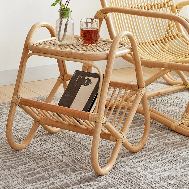 Japanese Minimalist INS Rattan Coffee Table with Magazine Rack Small Storage Organizer Side Table for Living Room Use