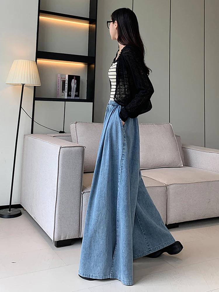 2026 Elastic Waist Loose Fit Plus Size Women Jeans Slimming Wide Leg Ground Length Simple Casual Pants Spring XJ791