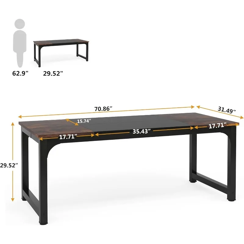 Stylish 70.8" Executive Desk, Large Home Office Desk with Sturdy Frame, Rustic Brown Modern Computer Desk for Managers