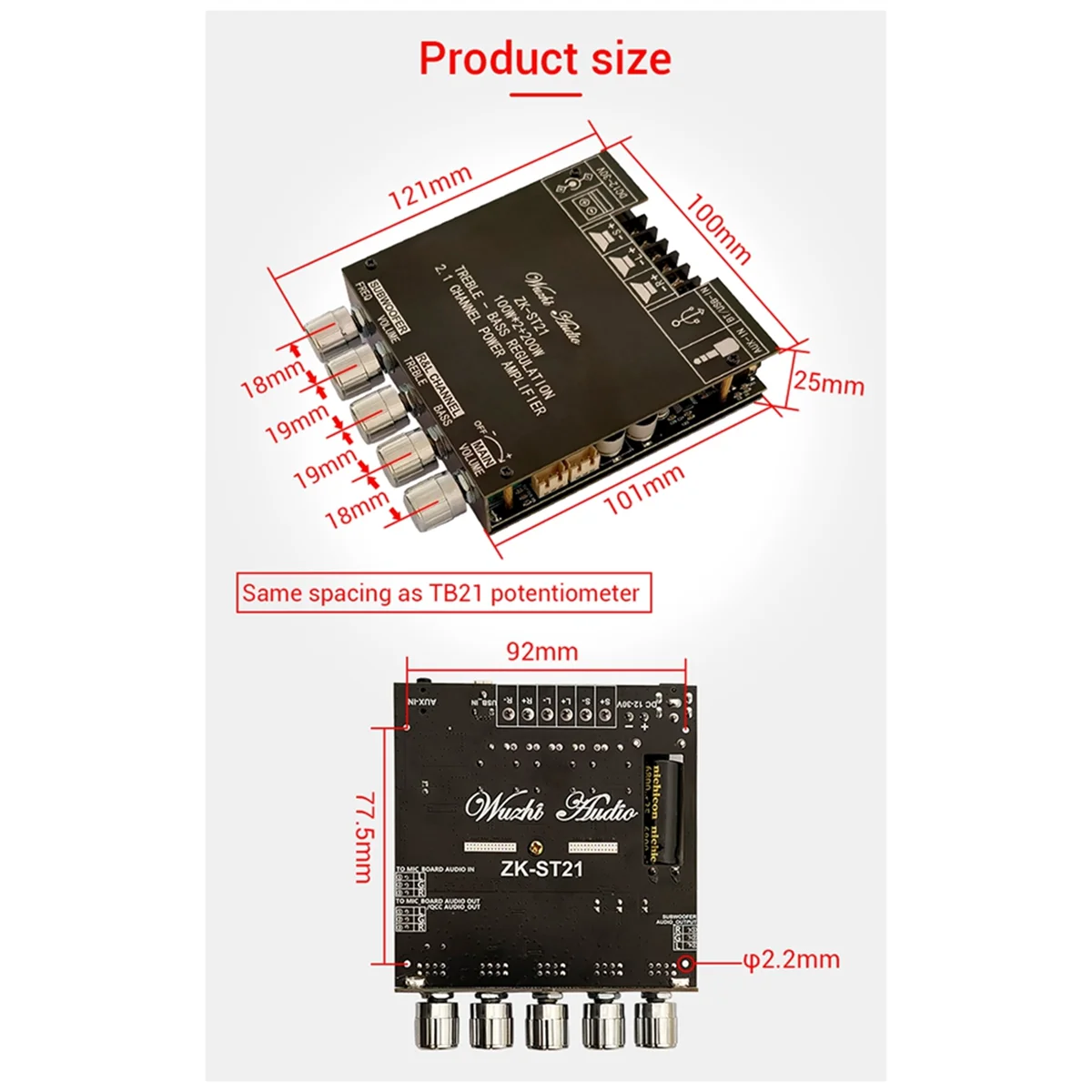ZK-ST21 Bluetooth Digital Amplifier Board 2.1 Channel 100Wx2+200W Subwoofer Chip TPA3221 HiFi Stereo Amplifier Board(B)