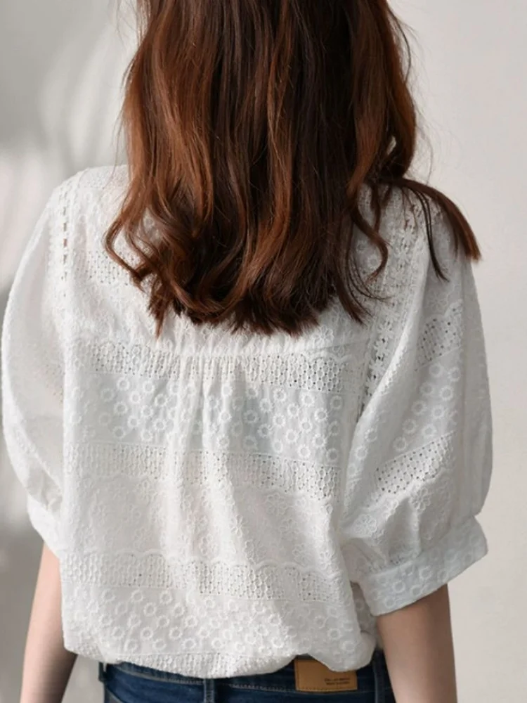 Summer Hlaf Sleeve Embroidery Women Blouses Elegant Casual Cotton White Shirts O-neck Top Fashion