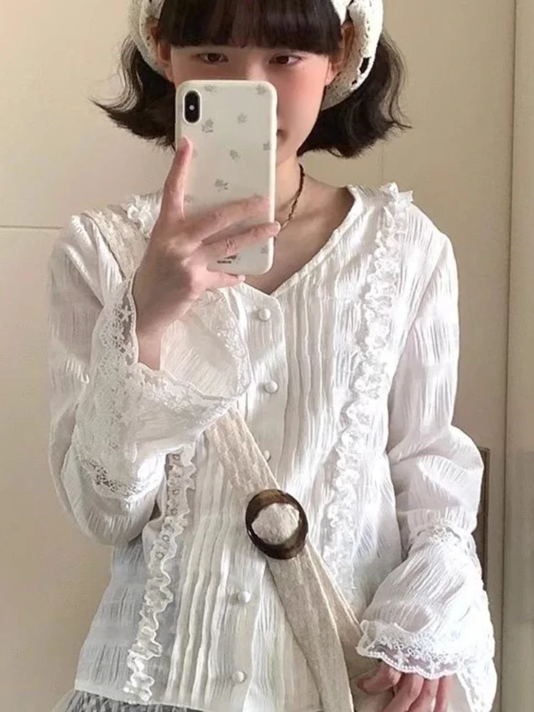 

French Design Blouses Solid Color V Neck Flare Sleeve Lace Patchwork Pleated Shirts Spring Autumn All Match Women Clothing 2024