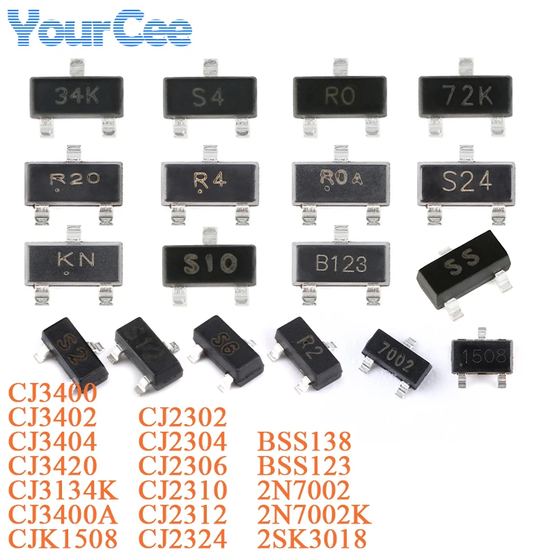 50pcs CJ2310 2N7002K 2N7002 BSS138 CJ3400 CJ3402 CJ2306 CJ2304 CJ2312 CJ2302 CJ3134K SOT-23 N-channel SMD MOSFET CJ2324 CJ3400
