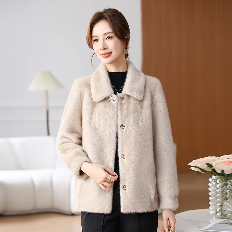 

Faionable Water Rabbit Fur Jaet Luxury Top for Middle-Aged And ly Women Winter Clothes Inteated Leather And Fur Coat