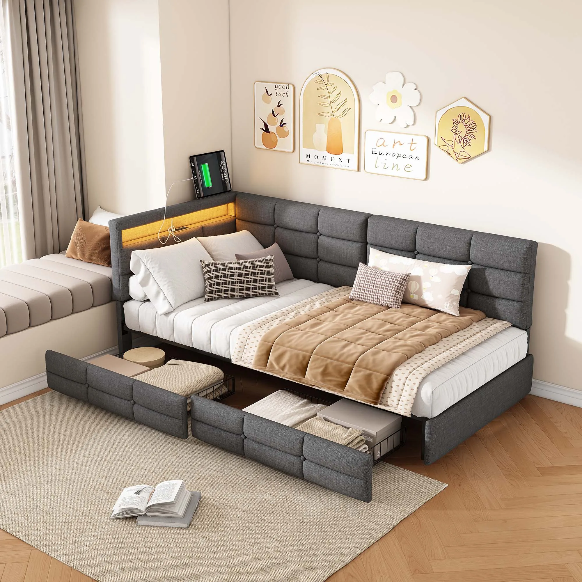 Cama Individual Fangange de 90 x 200 cm, Sofá Cama Tapizado, con Iluminación LED y USB, Cama Juvenil con Estructura de Listones, Cama de Día, sin Colchón