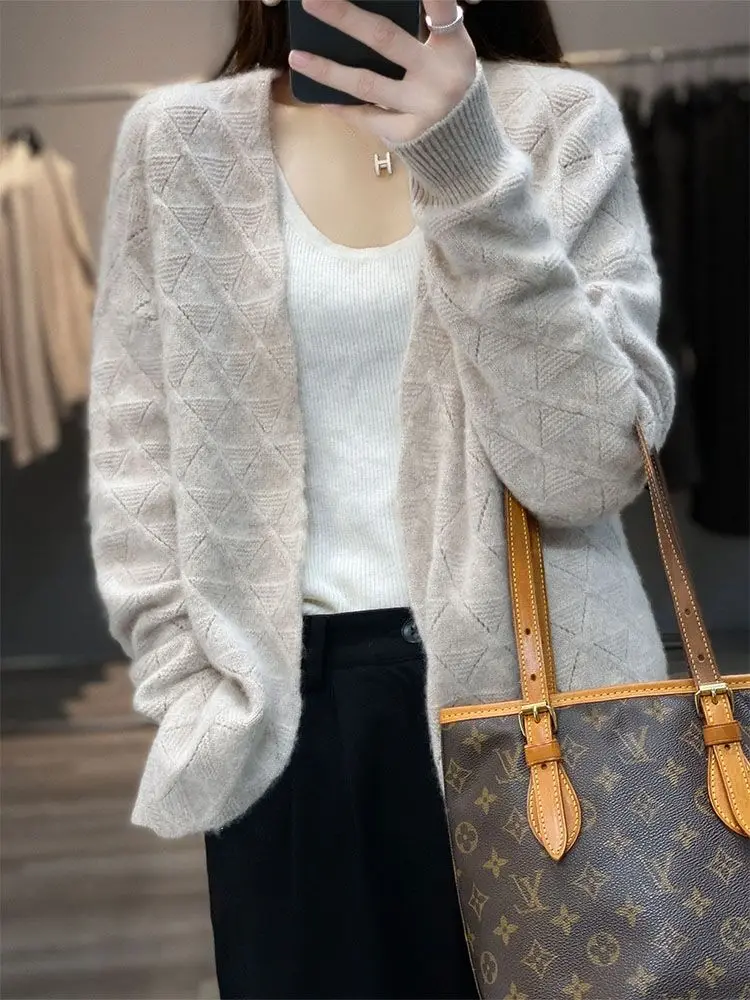 100% Pure Wool Women Sweater Autumn Spring New Diamond Pattern Cardigan Fashion Cashmere Casual Knitted Soft Jacket Tops