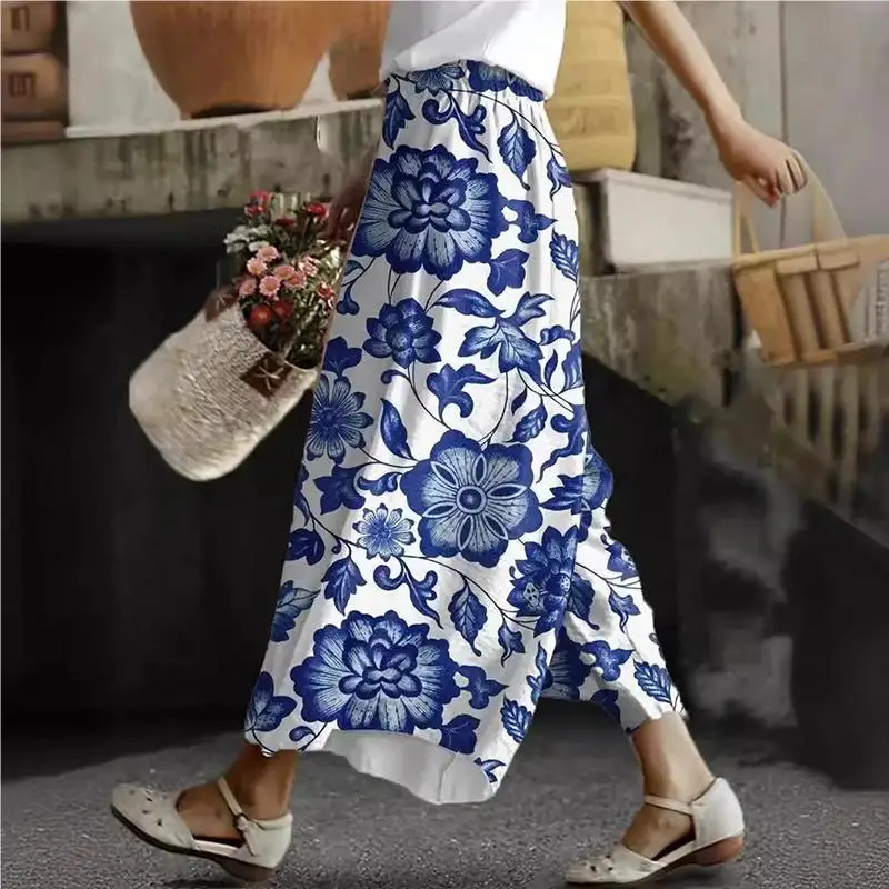 2024 Ethnic Retro Print Women Mid-waist Wide leg pants Summer Lady Casual Loose Pants French style fashionable Commuting Pant