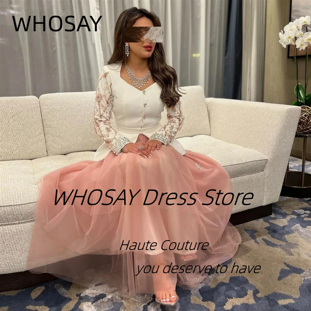 

WHOSAY 2-Pieces Prom Dresses Customized Beading Long Sleeves Evening Party Dress Tulle فساتين للمناسبات الخا
