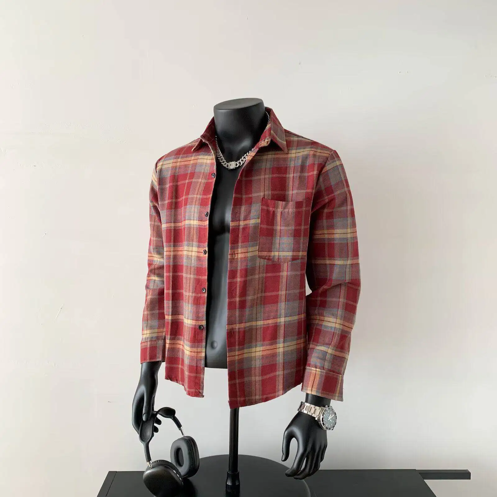 

2026 Spring Autumn Men's Plaid Shirt Loose Casual Long Sleeve Retro Style Polyester Fiber Youthful Trendy Button-Up Top