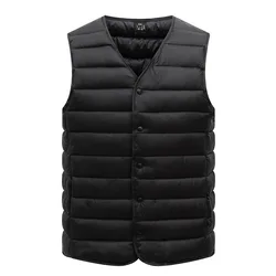 L-5XL Men Ultra Light Down Cotton Vest Jacket Male Winter Warm Liner V-neck Sleeveless Vest Coat For Middle Aged Elderly Dad's C