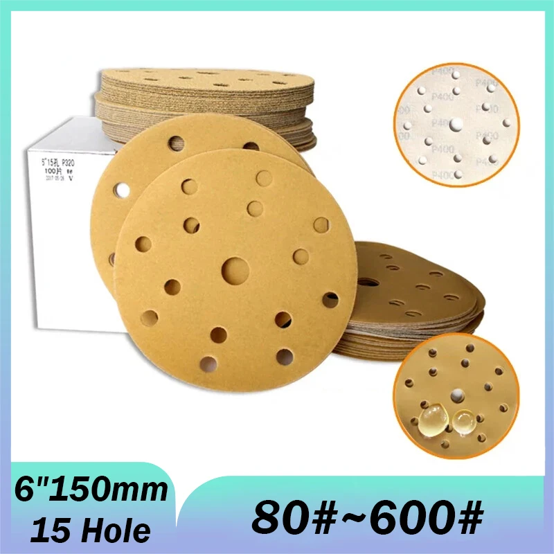 

6 Inch 150mm 15 Hole Hook and Loop Aluminum Oxide Wet&Dry Sandpaper Sanding Disc 60-2000 Grits for Polishing Car Wood Auto Paint