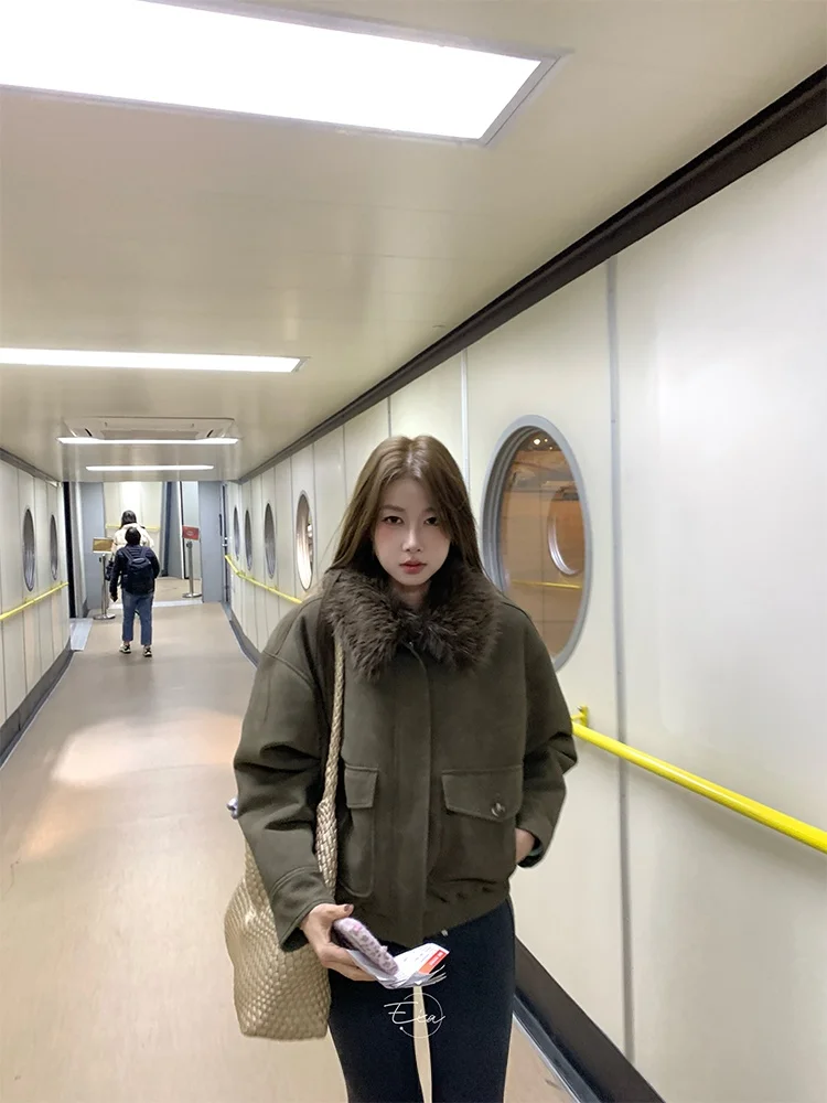 

Корейское кожаное пальто на подкладке, женское осенне-зимнее пальто с воротником-стойкой и застежкой-молнией, повседневная длина