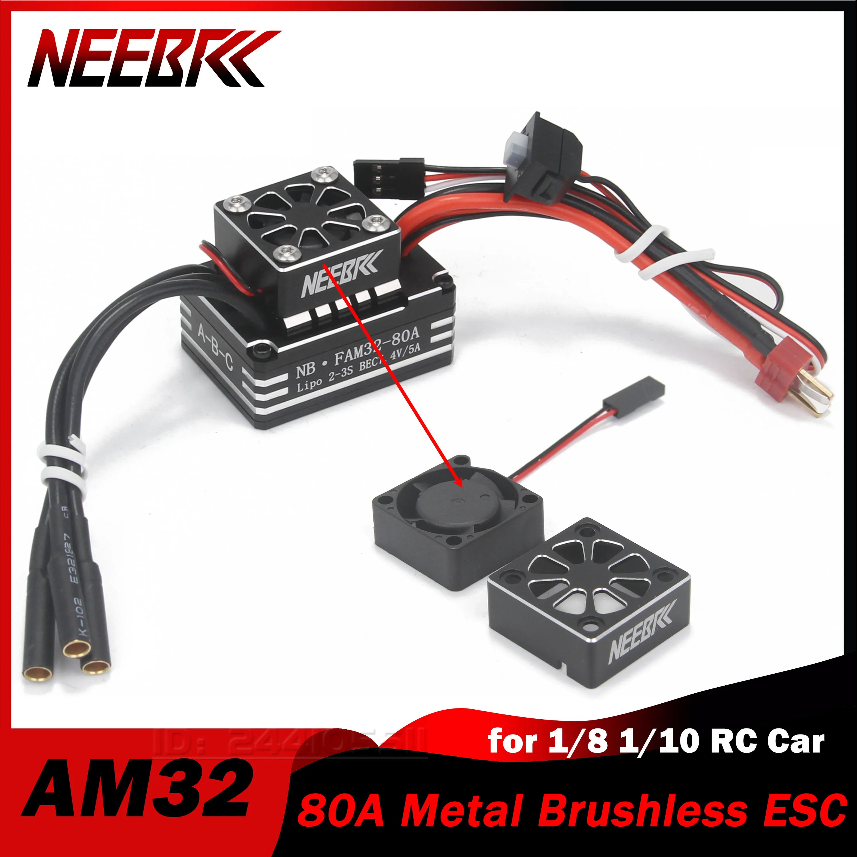 NEEBRC AM32 80A Brushless ESC Metal 2-3S BEC w Cooling Fan for 1/8 1/10 RC Crawler Car Off Road AXIAL TRAXXAS RC4WD 3542 Motor