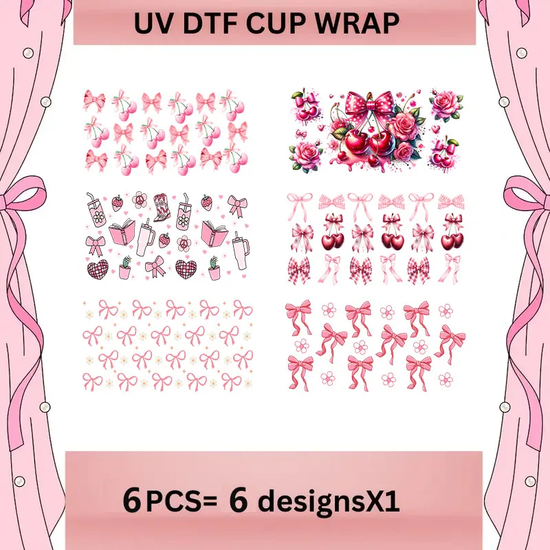 Cherry Blossom UV DTF Cup Stickers Pink Bow Design for 16oz Glass Water Bottles DIY Craft Decals