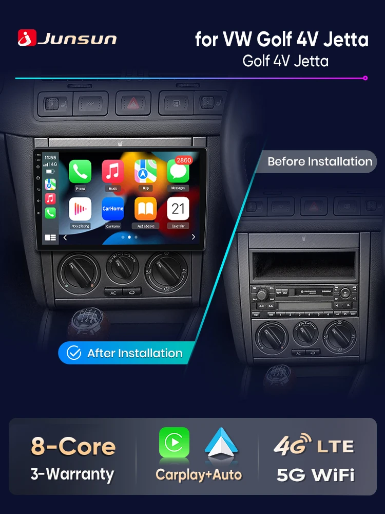 Junsun 8-Kern-Android-Headunit für VW Golf 4 Jetta MK4 mit kabellosem CarPlay & Android Auto, 2-DIN-Stereoanlage mit Kühlventilator, DSP, IPS-Bildschirm, 4G, WiFi und GPS-Navigation