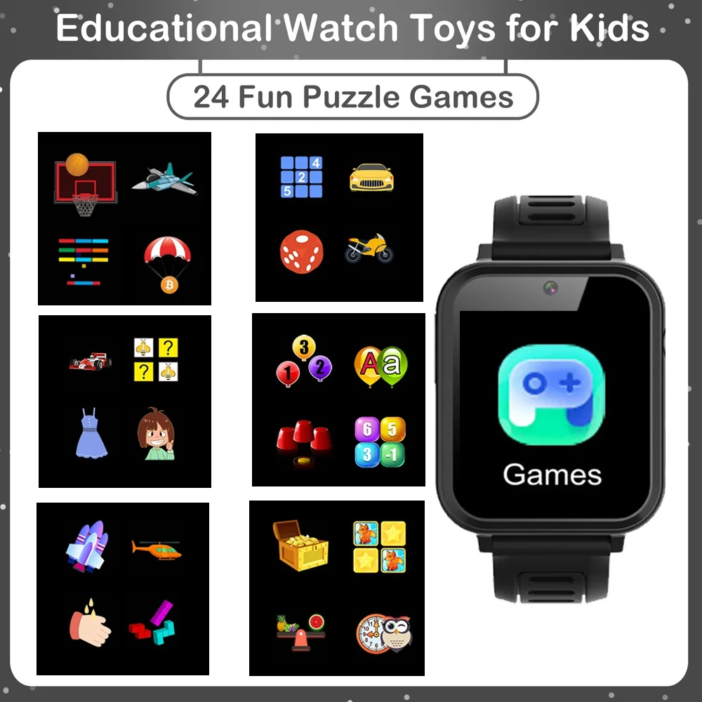 Kids Game Smart Watch 24 Puzzle Games Camera Music Player Pedometer Alarm Clock Calculator Flashlight 12/24hr Smartwatches Gift