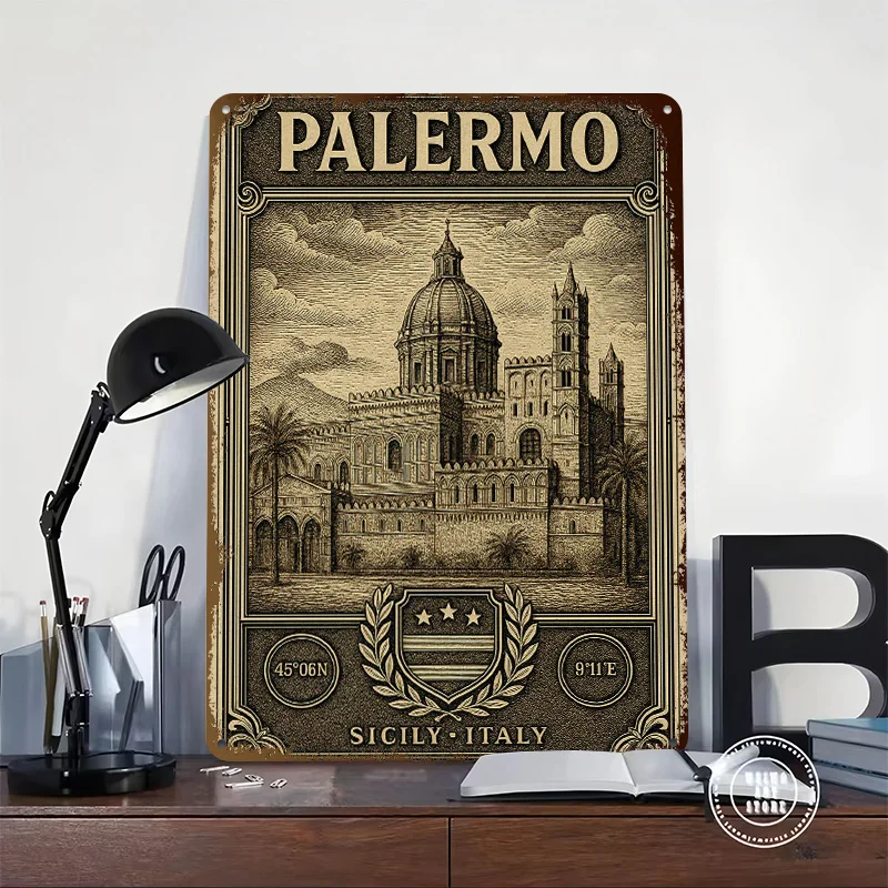 Palermo Sicily Italy Vintage Travel 3D Printed Texture Poster Personalized Wall Art Retro Metal Tin Signs for Custom Plate House