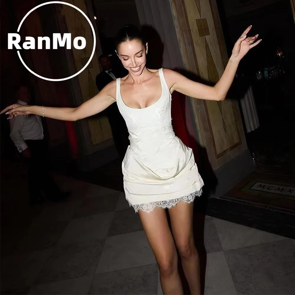 Ranmo A-Line Sleeveless Simple Elegant Evening Dresses Ivory Spaghetti Strap Lace Pleat Mini Prom Gown Custom Made robe de soiré