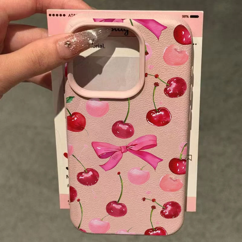 Funda de teléfono con estampado de cereza y lazo para iPhone 17Air 16 Pro Max 15 Plus 14 13 12 11 XS XR X, funda de silicona a prueba de golpes
