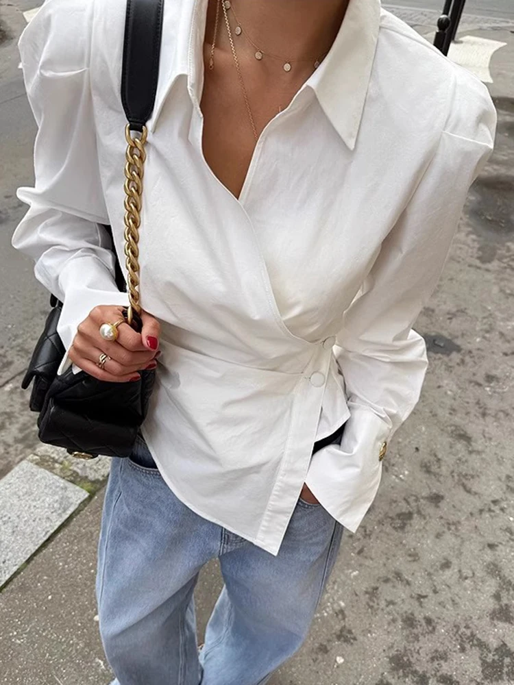 Lente Nieuwe Sle Dames Slim Fit Lange Sve irt Onregelmatige Cross Button Ontwerp Koreaanse Sle Pendelen Faion Casual irt