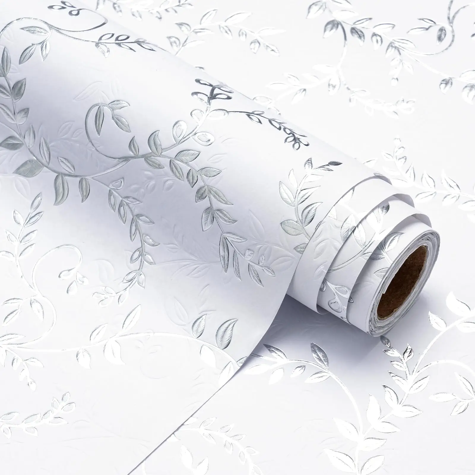 3D Kraft Wrapping Paper Mini Roll 43X500CM Gold and Brown White Leaves Design with Embossed for Birthday Holiday Wedding