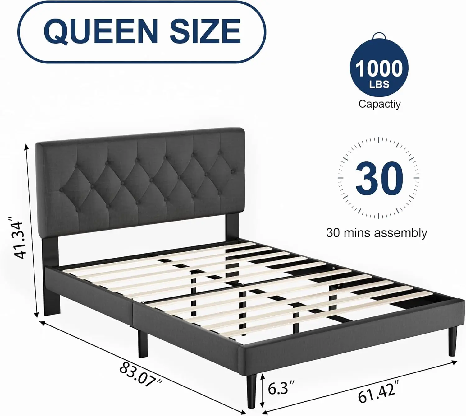 Size Platform Bed Frame with Upholstered Headboard, Button Tufted Design, No Box Spring Needed, Dark Grey