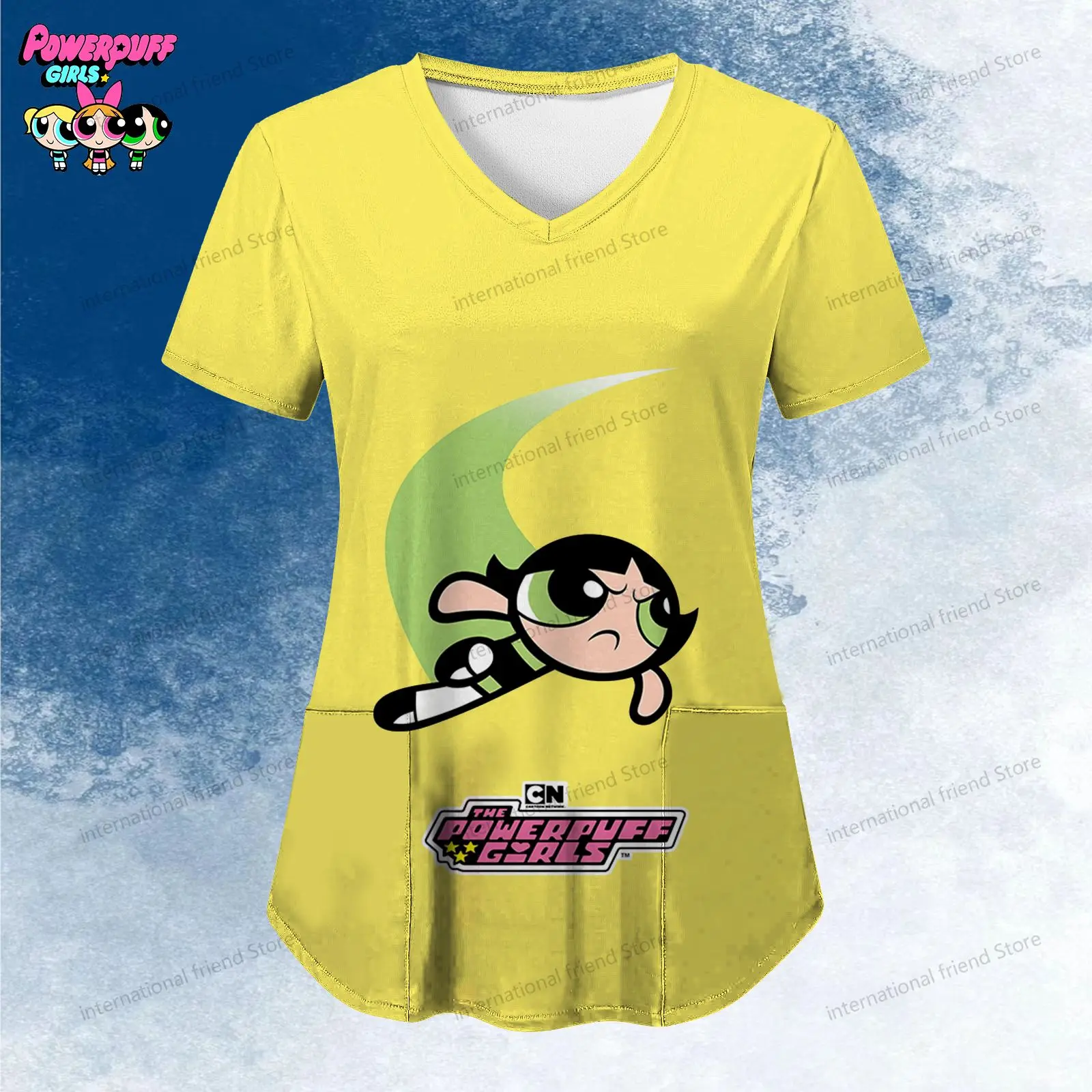 Women's V Neck Nurse Uniform T-Shirt The Powerpuff Girls Pocket Woman Clothing Tshirts Dames 2024 Cheap Top New Dress Y2k Kawaii