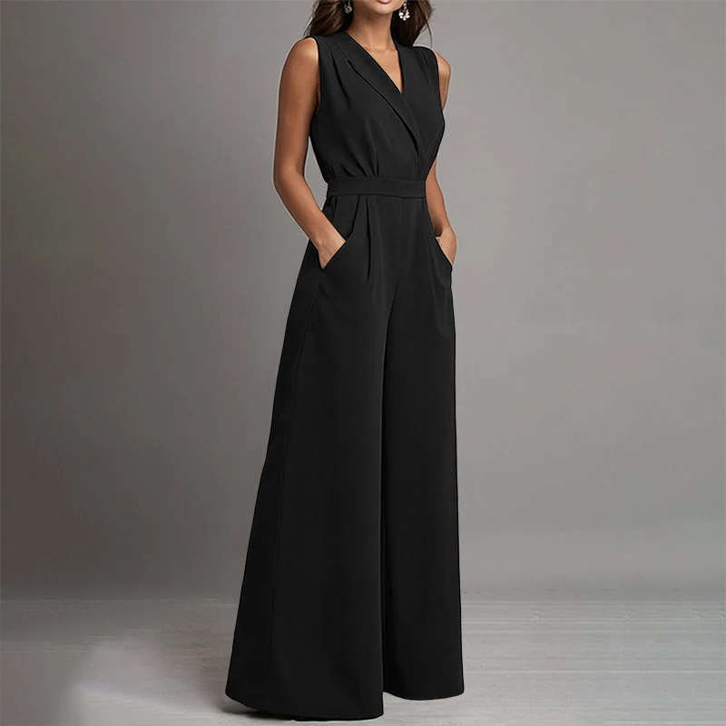 ZANZEA Elegant Women Jumpsuits Solid Sleeveless V Neck Rompers Office Ladies Clothing European Bottoms Pockets Casual Overalls