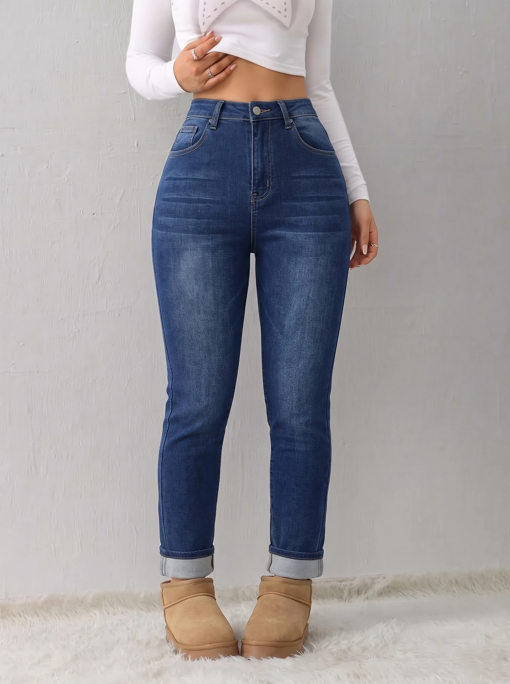 Women High Waist Fleece Lined Straight Jeans Medium Stretch Blue Denim Pants Ladies Roll Cuff Warm Winter Trousers