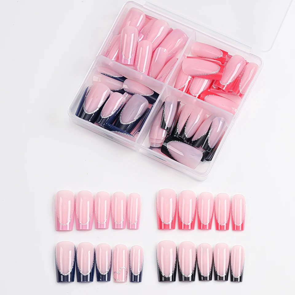 Caja de 96 uñas postizas francesas con glitter plateado, azul/rojo, cubierta completa, mediana, cuadradas, para mujer y niña, diseño simple 5