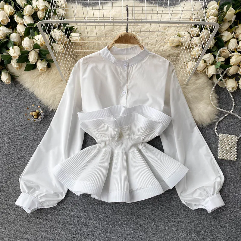 Women Pleated Blouse Black White Tops Long Lantern Sleeve Elegant Y2k Top Bow Ruffles Slim Shirts Casual Blouses Spring Summer