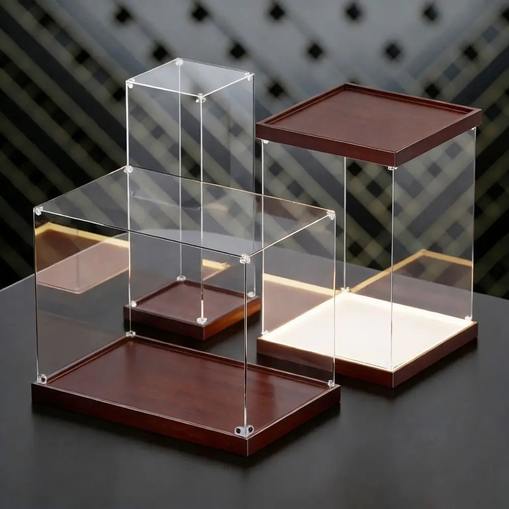 Neue Transparente Acryl-Vitrine Stapelbares Design mit Holzboden Staubdichte Abdeckung Klebefreie Montage Modell-Vitrine