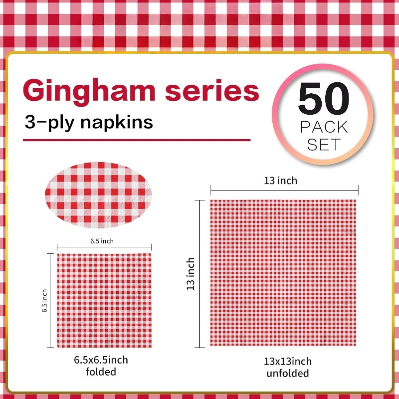 Disposable Red and White Gingham Paper Napkins (Pack of 50)