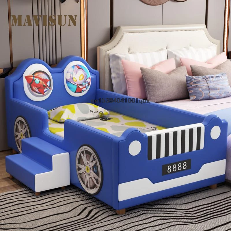 Lovely Children Bed For Boy Bedroom Furniture Solid Wood Kids Bed With Four Guard Rails 6-15 Years Old Leather Baby Single Bed